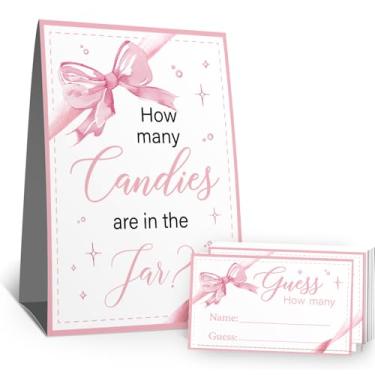 Imagem de Placa Guess How Many Candies (1 placa de pé - 50 cartões de adivinhação) Kit de cartões de atividades com tema de arco rosa para chás de bebê, festas de recém-nascidos, chá de panela, noivado, chá de