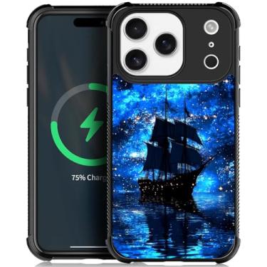 Imagem de CARLOCA Capa para iPhone bbcca compatível com Magsafe para meninas e meninos à prova de choque proteção de silicone macio carga magnética padrão moderno navio pirata vela céu estrelado azul