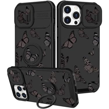 Imagem de Funermei Capa para iPhone 13 Pro Max - Capa de telefone feminina bonita estética borboleta preta design exclusivo com capa de câmera e suporte de anel Funda para Apple 13 Pro Max