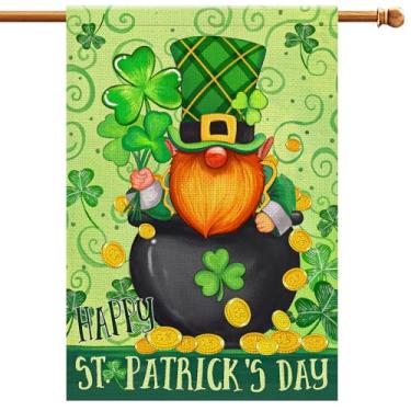 Imagem de Happy St Patricks Day Gnomo House Flag Burlap 28x40 Dupla face, chapéu de duende verde trevo trevo trevo sorte festa feriado sinal bandeiras grandes quintal decorações ao ar livre DF656-28