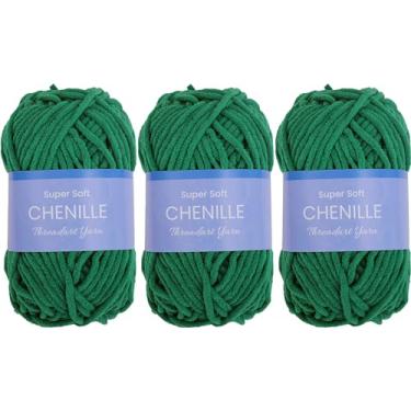 Imagem de Pacote com 3 fios de chenille Threadart para crochê, tricô, amigurumi, fio de veludo de pelúcia super macio - 50 gramas 60 metros #5 novelos de fio fofo - verde pinho 23
