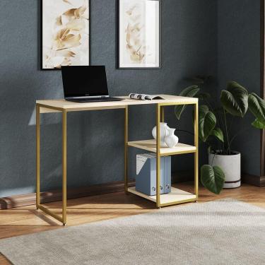 Imagem de Mesa Escritório Berlim Industrial Com Prateleira Ferro Dourado Tampo 110x46 Off White