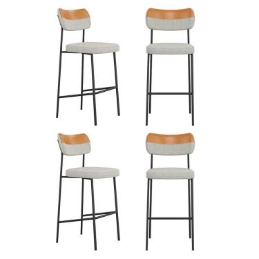 Imagem de Kit 04 Banquetas Altas Cozinha Lila Com Encosto Couríssimo Whisky Linho Cinza - Abmaza