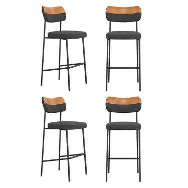 Imagem de Kit 04 Banquetas Altas Cozinha Lila Estofada Com Encosto Couríssimo Whisky Linho Grafite - Abmaza