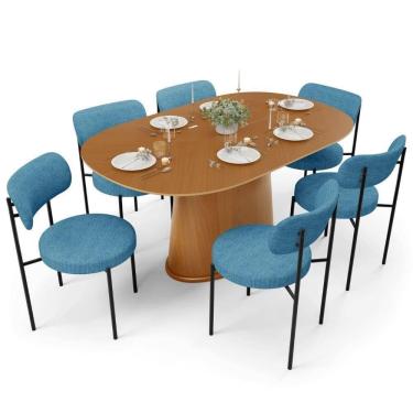 Imagem de Mesa Valência Com 06 Cadeiras Para Sala De Jantar Louise L02 Linho Azul - Lyam Decor