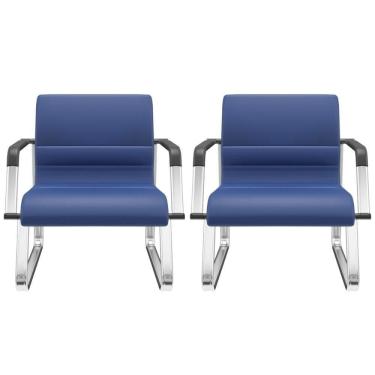 Imagem de Kit 02 Cadeiras De Escritório Recepção Fixa Pés Cromado Lev P03 Vinil Azul - Lyam Decor