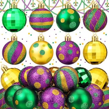 Imagem de Syhood 24 peças de enfeites de baile de carnaval para árvore 5 cm glitter Mardi Gras decorações penduradas à prova de estilhaçamento New Orleans roxo verde dourado listras bolinhas para baile de