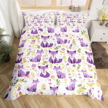 Imagem de Feelyou Conjunto de capa de edredom de raposa roxa, tamanho solteiro, para meninos, meninas, adolescentes, animal, floral, respirável, floresta, raposa, natureza, vida selvagem, capa de colcha