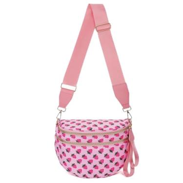 Imagem de TRMFUSA Bolsa tiracolo quadriculada para mulheres, grande, de nylon, pochete com alça de ombro ajustável, Xadrez rosa morango