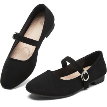Imagem de Waluzs Sapatilhas Mary Jane Sapatilhas femininas de camurça cravejada preta sem salto para mulheres confortáveis para escritório sem salto com tira no tornozelo, Preto, 34