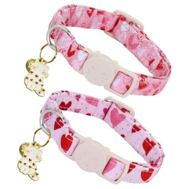 Imagem de Bobo Rainbow Colar de gato dos namorados - pacote com 2 coleiras, coração vermelho e linha com estampa de coração, separação com pingente de gatinho e sino, fivela de segurança ajustável, coleira para