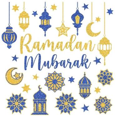 Imagem de Whaline Decalque para janela de Ramadã com 6 folhas de glitter azul-dourado Eid Mubarak lua estrela reutilizável anticolisão decoração de janelas para casa, escola, escritório, muçulmano, material de