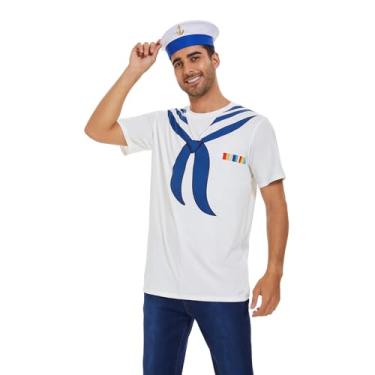 Imagem de Camiseta masculina divertida de marinheiro com chapéu, conjunto de camisetas com gola marinha 3D, cruzeiro náutico de Halloween, iate e festa de rock, roupa temática, Branco, M