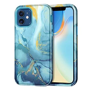 Imagem de Btscase Capa para iPhone 12/iPhone 12 Pro, capa resistente de três camadas, mármore, à prova de impacto, corpo inteiro, resistente, policarbonato rígido + TPU (poliuretano termoplástico) macio, proteção contra quedas para mulheres e meninas para iPhone 12/12 Pro, azul