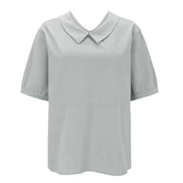 Imagem de Camisetas femininas de linho verão gola lapela manga curta casual solta cor sólida túnica de praia básica 2024 blusa moderna, Cinza, G