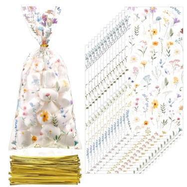 Imagem de Sweetude Decorações de festa de flores silvestres sacos de presente com estampa de flores silvestres de celofane sacos de presente de plástico transparente floral doces para primavera, verão,