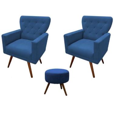 Imagem de Kit 2 Poltronas Decorativa Aurora + 1 Puff Redondo Suede Azul Marinho 