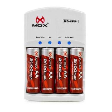 Imagem de Carregador Mox Rápido Bivolt + 4 Pilhas Recarregável AA 2600Mha
