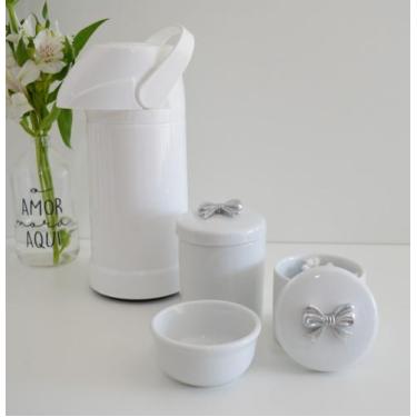 Imagem de kit Higiene Bebê Potes K022 Cotonete Prata Algodão Limpeza Porcelana M
