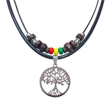 Imagem de Colar com pingente de árvore da vida celta de camadas duplas com contas de madeira com cordão preto ajustável masculino feminino rasta hippie cânhamo havaiano, Aço inoxidável, Sem Pedra Preciosa