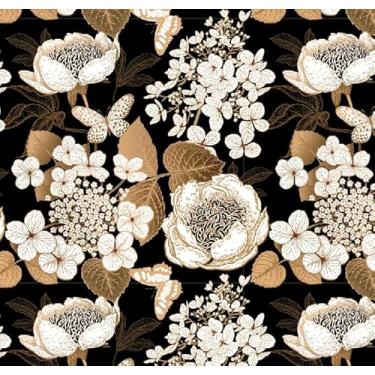 Imagem de Abyssaly Papel de parede floral escuro vintage, 45 cm x 1,000 cm, papel de contato preto e dourado, papel de parede autoadesivo de vinil borboleta para decoração de armário de quarto