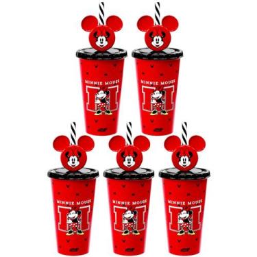 Imagem de 5 Copos Canudo Orelhas Minnie Vermelho 500ml p/ Infantil Lembrancinha 