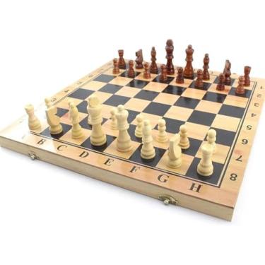 Imagem de Jogo de Tabuleiro 3 em 1, Xadrez Profissional, Damas e Gamão, Peças Magnéticas, Tabuleiro Dobrável em Madeira