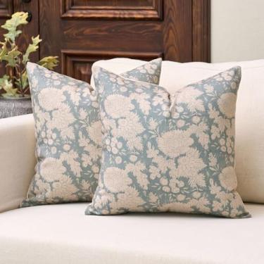 Imagem de DOMVITUS Conjunto de 2 capas de almofada florais 45,7 x 45,7 cm, capas de almofada vintage com estampa de blocos neutros decorativos para cama, sofá, sala de estar, azul claro