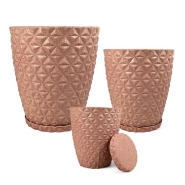 Imagem de Vaso Planta，Conjunto de 3 Vasos Decorativos de Diamantes P, M, G(ROSE C/PRATO)