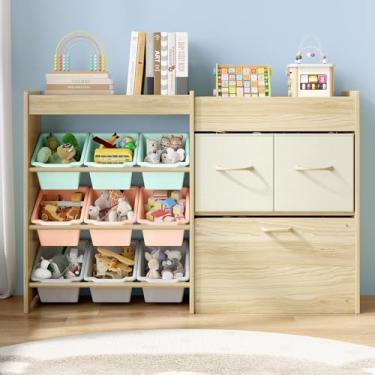 Imagem de Organizador de armazenamento de brinquedos para crianças, organizador de brinquedos com 9 compartimentos com 2 gavetas, baú de brinquedo móvel e suporte superior, estante infantil e armazenamento de