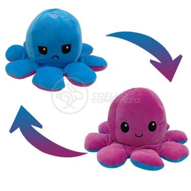 Imagem de Polvo Reversível Bipolar de Pelúcia Humor Feliz e Bravo 2 em 1 TikTok Fofinho Macio - Azul e Roxo