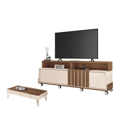 Imagem de Rack Bancada Graci 1.8 com Mesa de Centro Cadenza Castanho Off White – HB Móveis