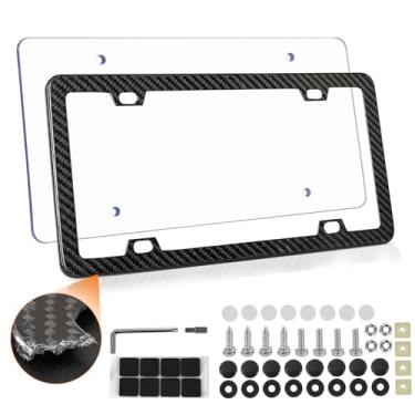 Imagem de Capa de moldura de placa de licença - Moldura de placa de licença de fibra de carbono 100% real com protetor de placa de licença transparente Suporte de placa de licença universal à prova d'água com