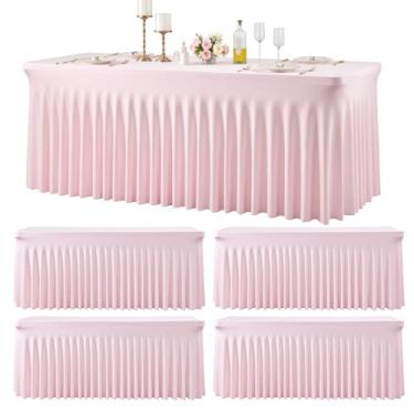 Imagem de Pacote com 4 toalhas de mesa de elastano rosa de 1,8 m para mesas retangulares, sem rugas, rosa retangular, capa de mesa elástica com saia para chá de bebê, festa de aniversário, banquete de casamento