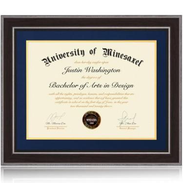 Imagem de Minesaxel Molduras para diploma de 40 x 50 cm, 30 x 40 cm com tapete azul, serve para documento de certificado de graduação, moldura de cor nogueira 50 x 40 cm com painel de vidro temperado para