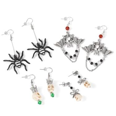 Imagem de Magibeads Kit de 4 pares de brincos de Halloween de liga sintética turquesa pingente e brinco de pino de morcego aranha caveira vintage gótico brincos de orelha berloque decorações joias para mulheres