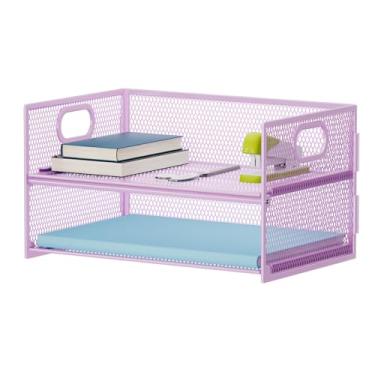Imagem de Marbrasse Bandeja organizadora de papel de 2 camadas, organizador de arquivos de malha com alça, organizador de mesa para material de escritório doméstico - roxo