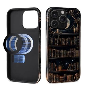 Imagem de MQJCYB Capa magnética para iPhone 15 Pro, compatível com MagSafe, capa protetora fina de TPU macio para celular feminina e meninas para iPhone 15 Pro-Dark Gothic Bookshelf Moon
