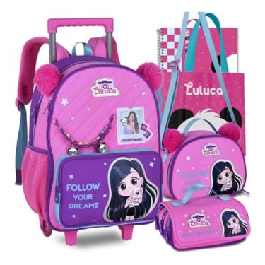 Imagem de Kit Mochila Luluca Rodinhas Carrinho Escolar Lancheira Estojo Escolar Meninas Resistente Infantil