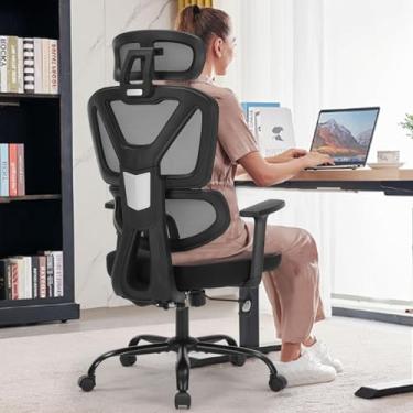 Imagem de Cadeira de escritório em casa, cadeira de mesa ergonômica com altura ajustável, suporte lombar, cadeira de computador de malha com encosto alto com apoios de braços dobráveis, cadeiras de tarefas para