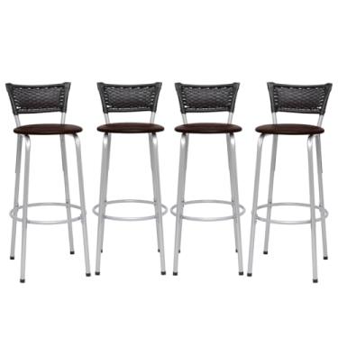 Imagem de Banqueta Altas Junco Preto Estrutura Prata 70cm Para Balcão Cozinha, Bar, Bistrô, Americano Kit 04 Unidades - Itagold (Assento Marrom Claro)