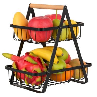 Imagem de Fruteira Metálica 2 Andares com Alça em Madeira, Organizador Multiuso, Cor sortida, Design Moderno, Estrutura Aramada