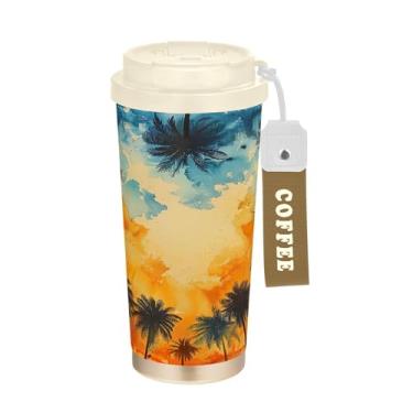 Imagem de SEHANY Caneca de viagem com palmeira de verão, 482 g, copos de café reutilizáveis revestidos de cerâmica com tampa à prova de vazamento, parede dupla, isolamento a vácuo, copo de café de aço
