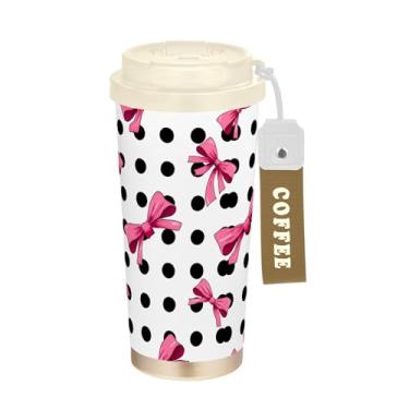 Imagem de SEHANY Linda caneca de viagem rosa com laço de bolinhas 482 g Copos de café reutilizáveis revestidos de cerâmica com tampa à prova de vazamento, parede dupla, isolamento a vácuo, copo de café de aço