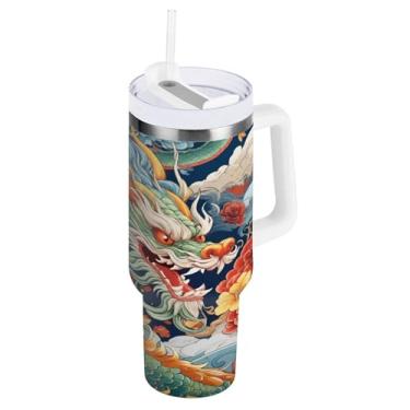 Imagem de xigua Copo vintage com estampa de dragão 1,134 g com tampa e canudo, aço inoxidável de vácuo duplo isolado garrafa de água esportiva suporte para copo de café de viagem à prova de vazamento para