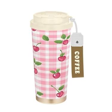 Imagem de SEHANY Caneca de viagem de cereja fofa de 482 g Copos de café reutilizáveis revestidos de cerâmica com tampa à prova de vazamento, parede dupla, isolamento a vácuo, copo de café de aço inoxidável para