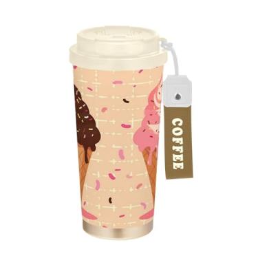 Imagem de SEHANY Caneca de viagem de sorvete fofa de 500 ml Copos de café reutilizáveis revestidos de cerâmica com tampa à prova de vazamento, parede dupla, isolamento a vácuo, copo de café de aço inoxidável