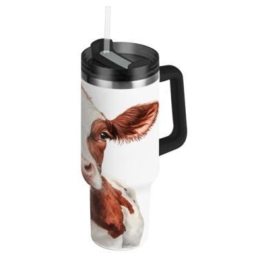 Imagem de SEHANY Copo Highland Cow de 850 g com tampa e canudo, aço inoxidável de vácuo duplo isolado garrafa de água esportiva suporte para copo de café de viagem à prova de vazamento para bebida gelada
