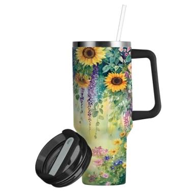 Imagem de ATTX Copo de pintura de girassóis aquarela de 850 g com alça, copo de aço inoxidável a vácuo de parede dupla com palha, caneca de café de viagem isolada #30