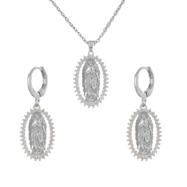 Imagem de DEYOUM Conjunto de colar de brincos de Virgem Maria para mulheres, banhado a ouro 14K, vintage, medalhão, medalhão, oração religiosa, católico, abençoado, cristão, presentes, Medium, Metal, Sem Pedra